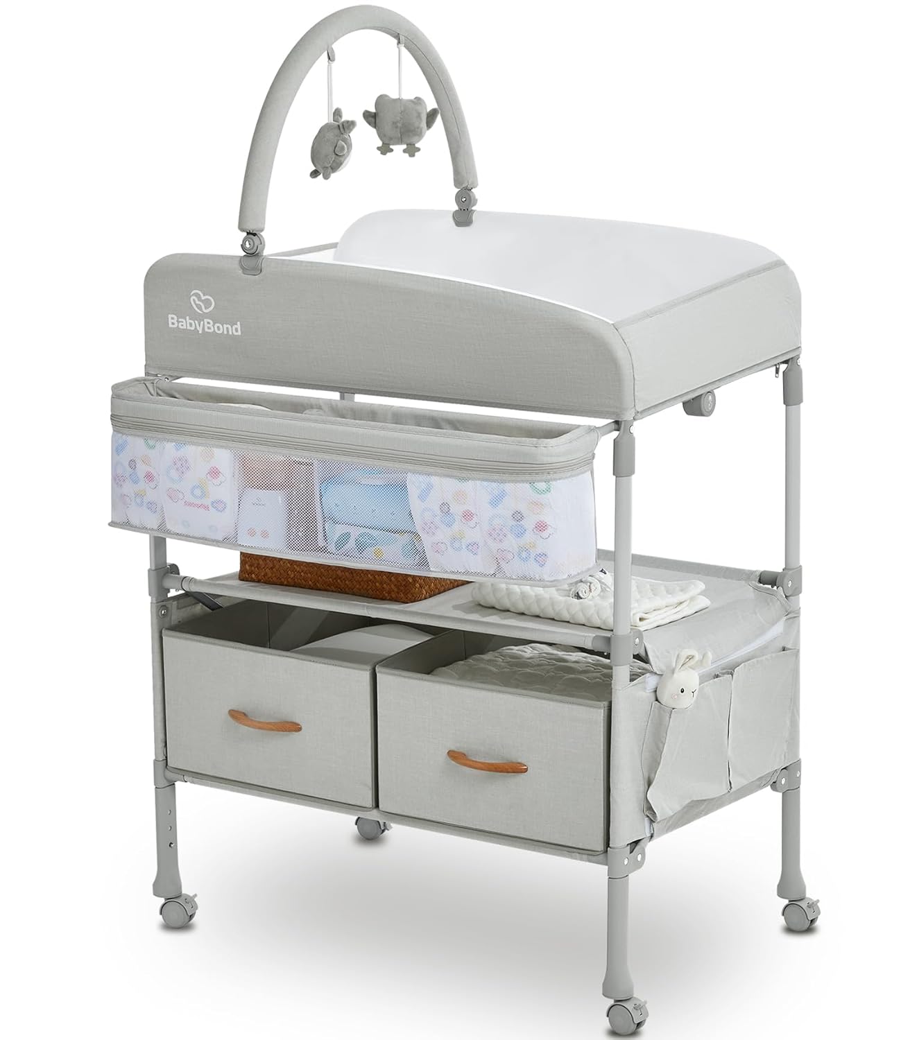 Portable Baby Changing Table with 2 Storage Baskets, BabyBond Foldable Changing Table Dresser Waterproof Diaper Changing Table Height Adjustable Changing Station for Infant and Newborn(Beige)