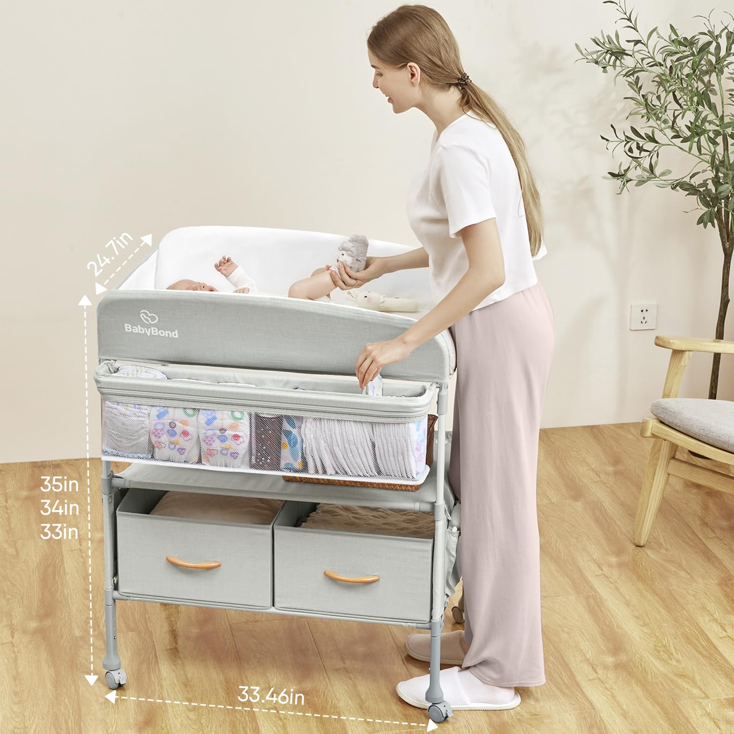 Portable Baby Changing Table with 2 Storage Baskets, BabyBond Foldable Changing Table Dresser Waterproof Diaper Changing Table Height Adjustable Changing Station for Infant and Newborn(Beige)