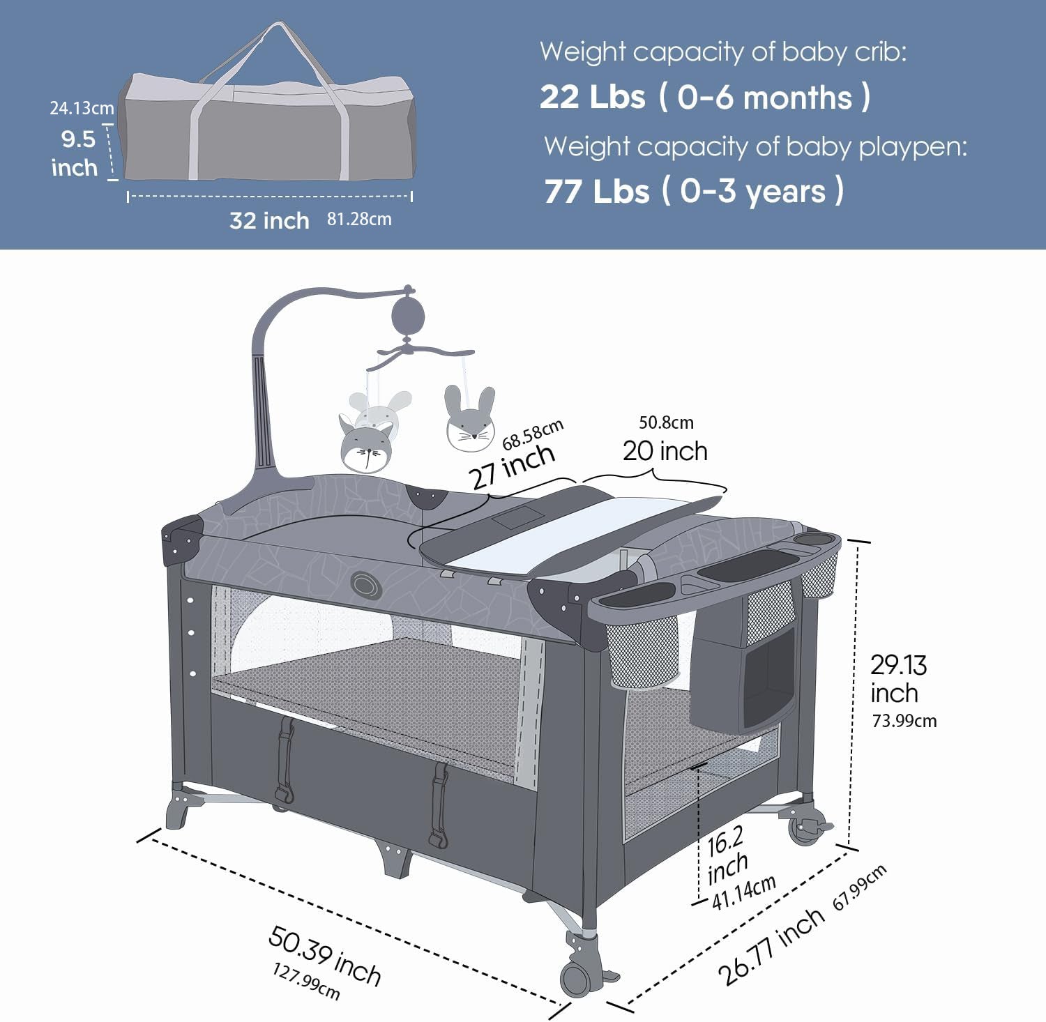 Multi-Functional Baby Bassinet with Bedside Crib, Pack and Play, Mattress, Diaper Changer, and Playard – Grey